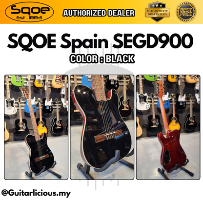 SQOE Spain SEGD900 Electroacoustic Silent Nylon Guitar with Piezo Pickups, Solid Spruce Top, Black