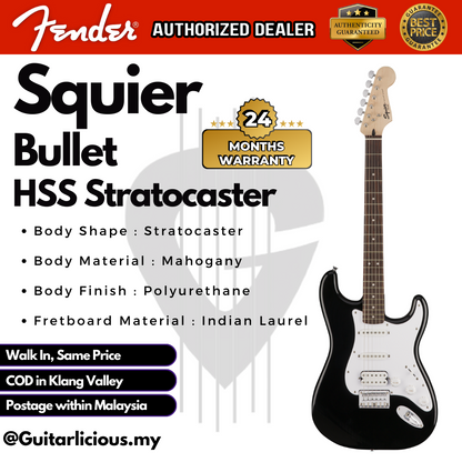 FENDER Squier Bullet Stratocaster HSS Hardtail Electric Guitar, Laurel FB, Black