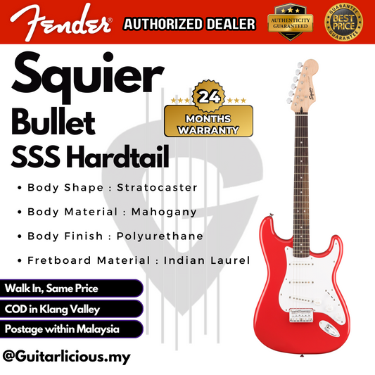 FENDER Squier Bullet SSS Stratocaster Hardtail Electric Guitar, Laurel FB, Fiesta Red