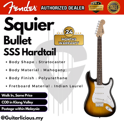 FENDER Squier Bullet SSS Stratocaster Hardtail Electric Guitar, Laurel FB, Brown Sunburst