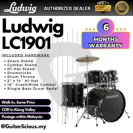 Ludwig LC1901 Accent Fuse 5-Piece Drums Set - Black Sparkle (LC19011 DIR / LC 1901 / LC-1901 / BLACK )