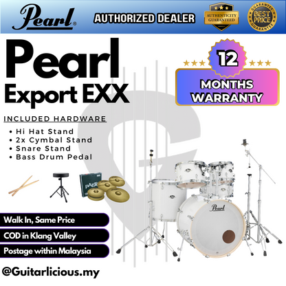 Pearl Export EXX 5-Piece Drum Set with Hardware, Drumstick and Throne (EXX725SP) - Pure White