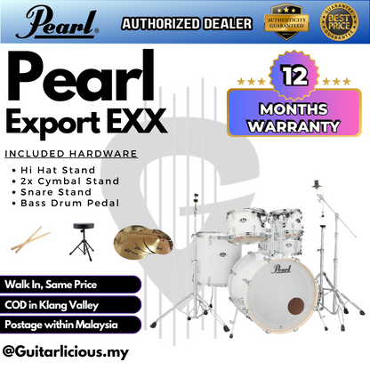 Pearl Export EXX 5-Piece Drum Set with Hardware, Drumstick and Throne (EXX725SP) - Pure White