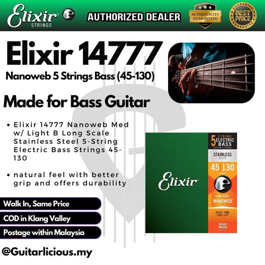 Elixir 14777 Nanoweb Med w/ Light B Long Scale Stainless Steel 5-String Electric Bass Strings 45-130