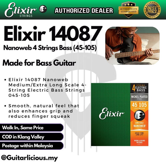 Elixir 14087 Nanoweb Medium/Extra Long Scale 4-String Electric Bass Strings 045-105