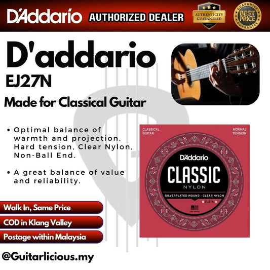 D'Addario EJ27N Student Nylon Classical Guitar Strings, Normal Tension, Clear/Silverplated Wound (DADEJ27N)