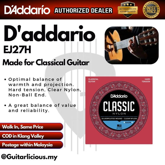 D'Addario EJ27H Student Nylon Classical Guitar Strings, Hard Tension, Clear/Silverplated Wound (DADEJ27H)