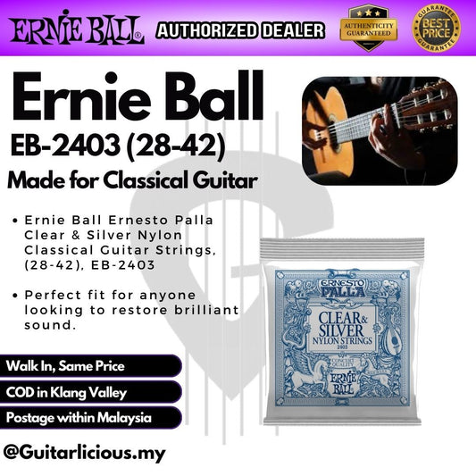 Ernie Ball EB-2403 Ernesto Palla Clear & Silver Nylon Classical Guitar Strings, (028-042) EB2403 / EB 2403