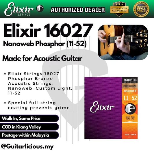 Elixir Strings 16027 Nanoweb Acoustic Guitar Strings Phosphor Bronze - .011 - .052