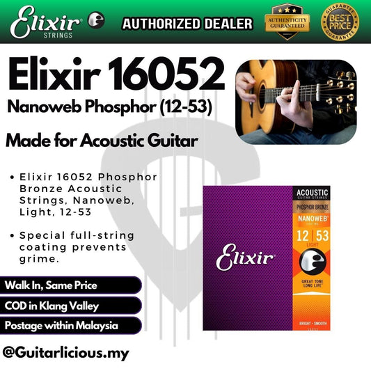 Elixir Strings 16052 Nanoweb Acoustic Guitar Strings Phosphor Bronze - .011 - 0.053