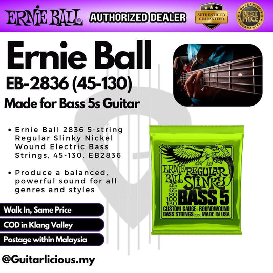 Ernie Ball 2836 Regular Slinky 5-string Nickel Wound Electric Bass Strings, Neon Green - EB2836 (45-130)