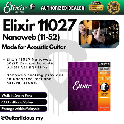 Elixir Strings 11027 Nanoweb 80/20 Bronze Acoustic Guitar Strings (Custom Light) - (011-052)