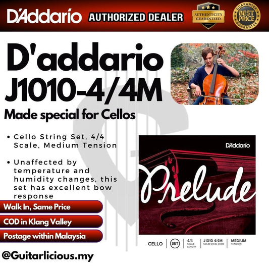 D'Addario J1010-4/4M Prelude Cello String Set, 4/4 Scale, Medium Tension