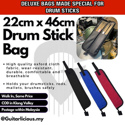 Deluxe (22cm x 46cm) Drumstick Bag Holder with Handle Grip, Shoulder Strap, and Drum Mounting Strap - DSBAGM