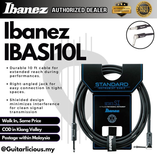 Ibanez SI10L Shielded Guitar Cable 10 ft Right Angled Jack ( IBASI10 / IBASI10L / IBASI10-L )