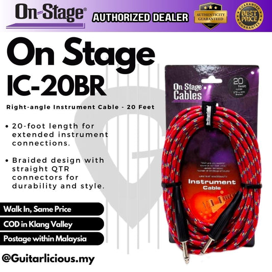 On Stage IC-20BR Hot Wires Braided Guitar/ Instrument Cables, 20 Ft (Straight QTR - Straight QTR) / IC20BR / IC 20BR