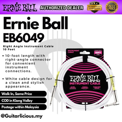 Ernie Ball 10ft Straight to Right Angle Instrument Cable, White ( EB6049 ) (10 Feet / 3 Meter)