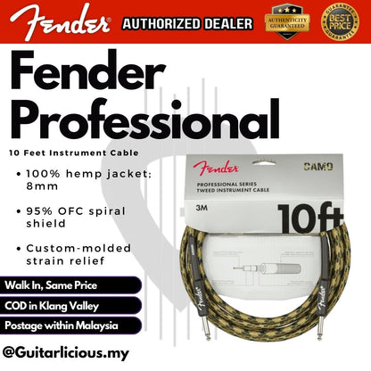 Fender Professional Series Instrument Cable, 10inch Straight/Straight - Woodland Camo