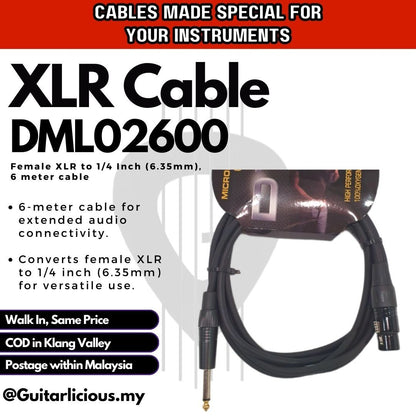 DT Audio Female XLR to 1/4 Inch (6.35mm) Microphone cable - 3 / 6 meter ( DMD02300 / DMD02600 / DMD02 / 300 / 600 )