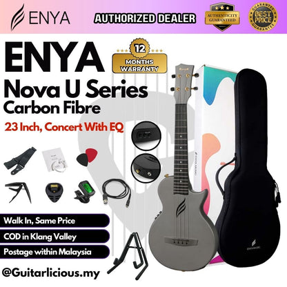 Enya Nova U Series 23 Inch Carbon Travel Concert Ukulele with Rechargeable Active with EQ (ENY-NOVAUe / NOVA Pick Up)