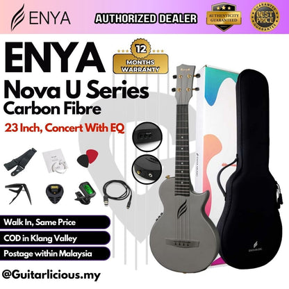 Enya Nova U Series 23 Inch Carbon Travel Concert Ukulele with Rechargeable Active with EQ (ENY-NOVAUe / NOVA Pick Up)