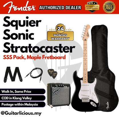 Squier by Fender Sonic SSS Stratocaster Electric Guitar Pack Gig Bag , Squier Frontman 10G , Maple FB - Black