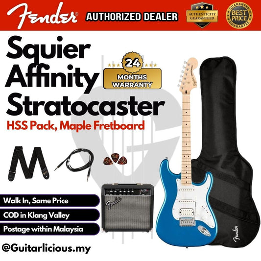 Squier by Fender Affinity Series HSS Stratocaster Guitar Pack, Maple FB with Frontman 15G and Gig Bag - Lake Placid Blue