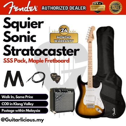 Squier by Fender Sonic SSS Stratocaster Electric Guitar Pack Gig Bag , Squier Frontman 10G , Maple FB - 2-Color Sunburst