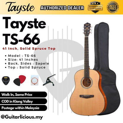 Tayste 41 inch Solid Spruce Acoustic Guitar with Sapele Side ( TS-66-N / TS66 )