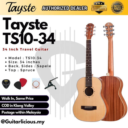 Tayste 34 inch (1/2 Size) Acoustic Travel Guitar, Spruce Top ( TS10-34 / TS1034 / 34" )