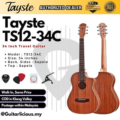 Tayste 34 inch 1/2 (Half Size) Travel Acoustic Guitar Cutaway Body ( TS12-34C / TS 12 34C )