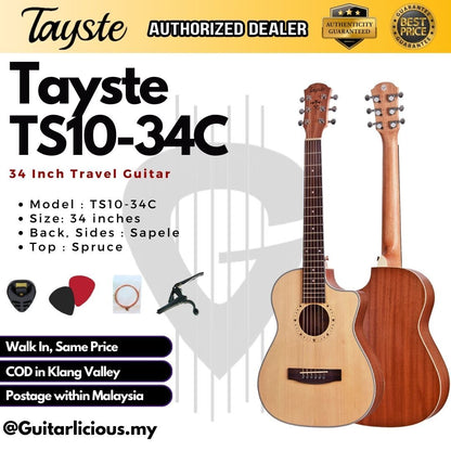 Tayste 34 inch (1/2 Size) Cutaway Acoustic Travel Guitar, Spruce Top ( TS10-34C )