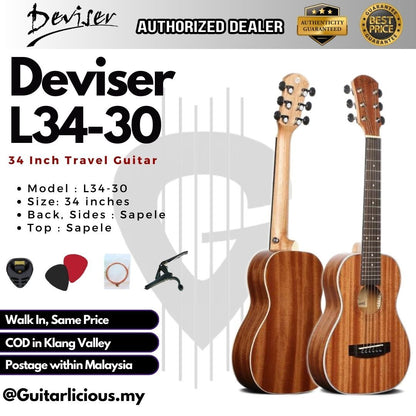 Deviser 34 inch Acoustic Travel Guitar, Sapele Top ( L34-30 / L34 30 )