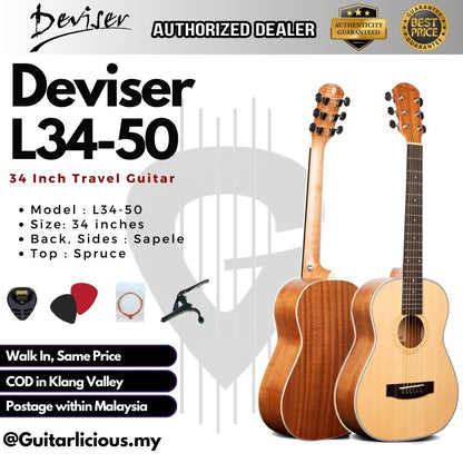 Deviser 34 inch Acoustic Travel Guitar, Spruce Top ( L34-50 / L34 50 )