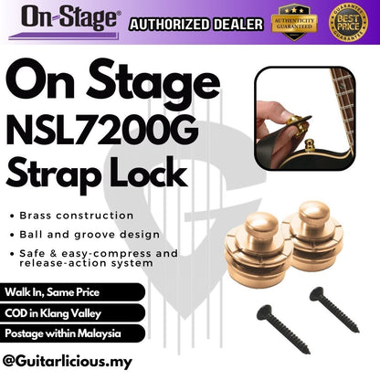 ON STAGE NSL7200G Hennessy Guitar Strap Lock - Gold (PAIR) (NSL7200 G / NSL7200-G)