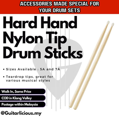 Hard Hand Drumsticks, Size 5a / 7a (Nylon Tip) - (5ANT / 7ANT)