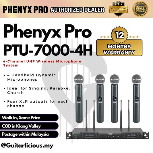 Phenyx Pro Wireless PTU-7000A (4H) 4-channel UHF Wireless Microphone System, 4x Handheld Dynamic Microphones, 328ft Range