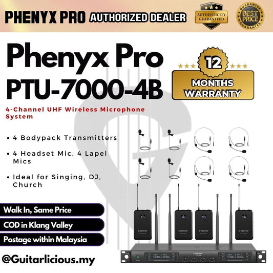 Phenyx Pro Wireless PTU-7000B (4B) 4-channel UHF Wireless Microphone System, 2 Headset Mic & 2 Lapel Mic, 328ft Range