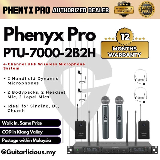 Phenyx Pro Wireless PTU-7000B (2B2H) 4-channel UHF Wireless Microphone System, 2 Dynamic Mic , 2 Headset Mic Set, 328ft Range