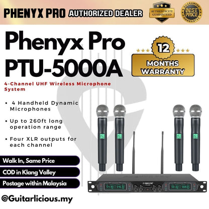 Phenyx Pro Best Budget Wireless PTU-5000A 4-Channel UHF Wireless Microphone System, 260ft Range ( PTU )