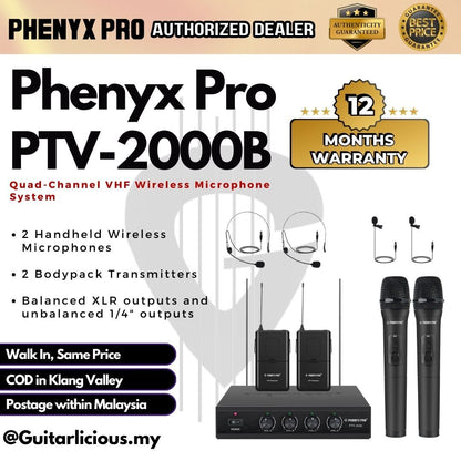 Phenyx Pro PTV-2000B Quad-Channel VHF Wireless Microphone System - 2 Handheld & 2 Bodypack Transmitters ( PTV2000 )