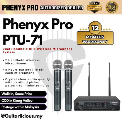 Phenyx Pro PTU-71-2H Dual Handheld UHF Wireless Microphone System with 2 Handheld Wireless Microphones PTU71 / PTU 71