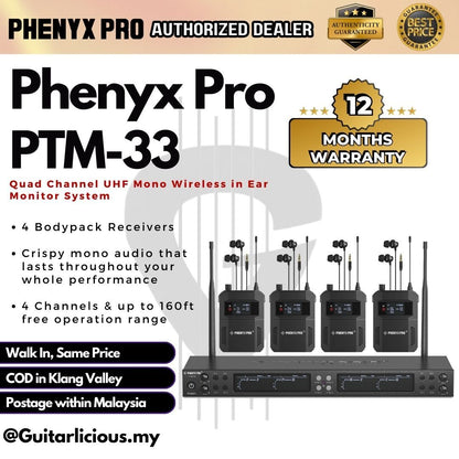 Phenyx Pro PTM-33 UHF Mono Wireless in Ear Monitor System with 4 Channels and 4 Bodypack Receivers ( PTM33 / PTM 33 )