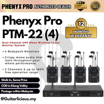 Phenyx Pro PTM-22 UHF Mono Wireless in Ear Monitor System with 2 Channels and 4 Bodypack Receivers ( PTM22 / PTM 22 )