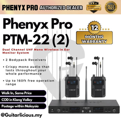 Phenyx Pro PTM-22 UHF Mono Wireless in Ear Monitor System with 2 Channels and 2 Bodypack Receivers ( PTM22 / PTM 22 )