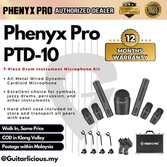 Phenyx Pro PTD-10 7-Piece Drum Instrument Microphone Kit, All Metal Wired Dynamic Cardioid Microphone ( PTD10 / PTD 10 )