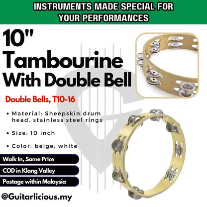 Tambourine with Double Bells Jingle Percussion Instrument 8inch / 10 inch ( T8-12 T10-16 )