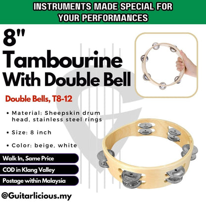 Tambourine with Double Bells Jingle Percussion Instrument 8inch / 10 inch ( T8-12 T10-16 )