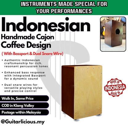 Indonesian Handmade Cajon with Bassport and Dual Snare Wire (Coffee)