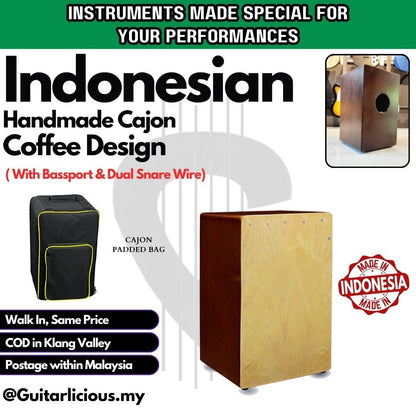 Indonesian Handmade Cajon with Bassport and Dual Snare Wire (Coffee)